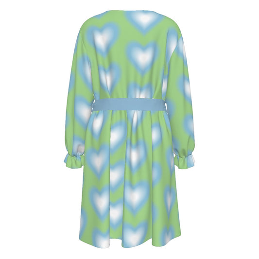 Blurred Blue Heart Damenkleid mit V-Ausschnitt und Taillenband (Übergröße)