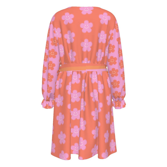 Pink Flowers Happy Face Damenkleid mit V-Ausschnitt und Bund (Übergröße)