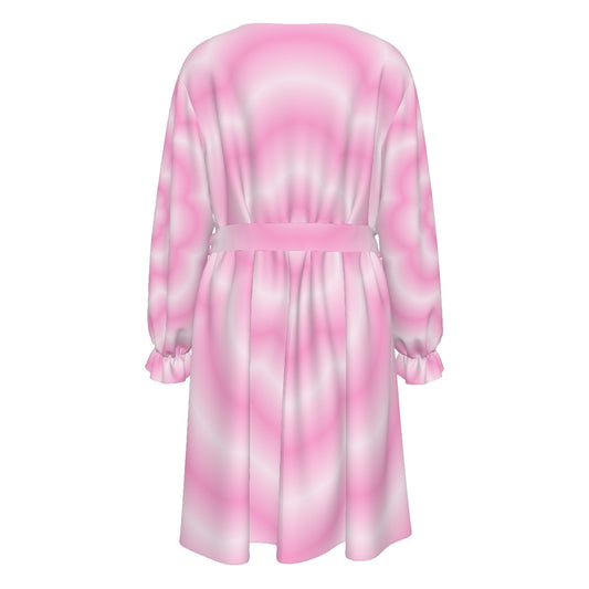 Pinkfarbenes, geblümtes Damenkleid mit V-Ausschnitt und Taillenband (auch in großen Größen erhältlich)