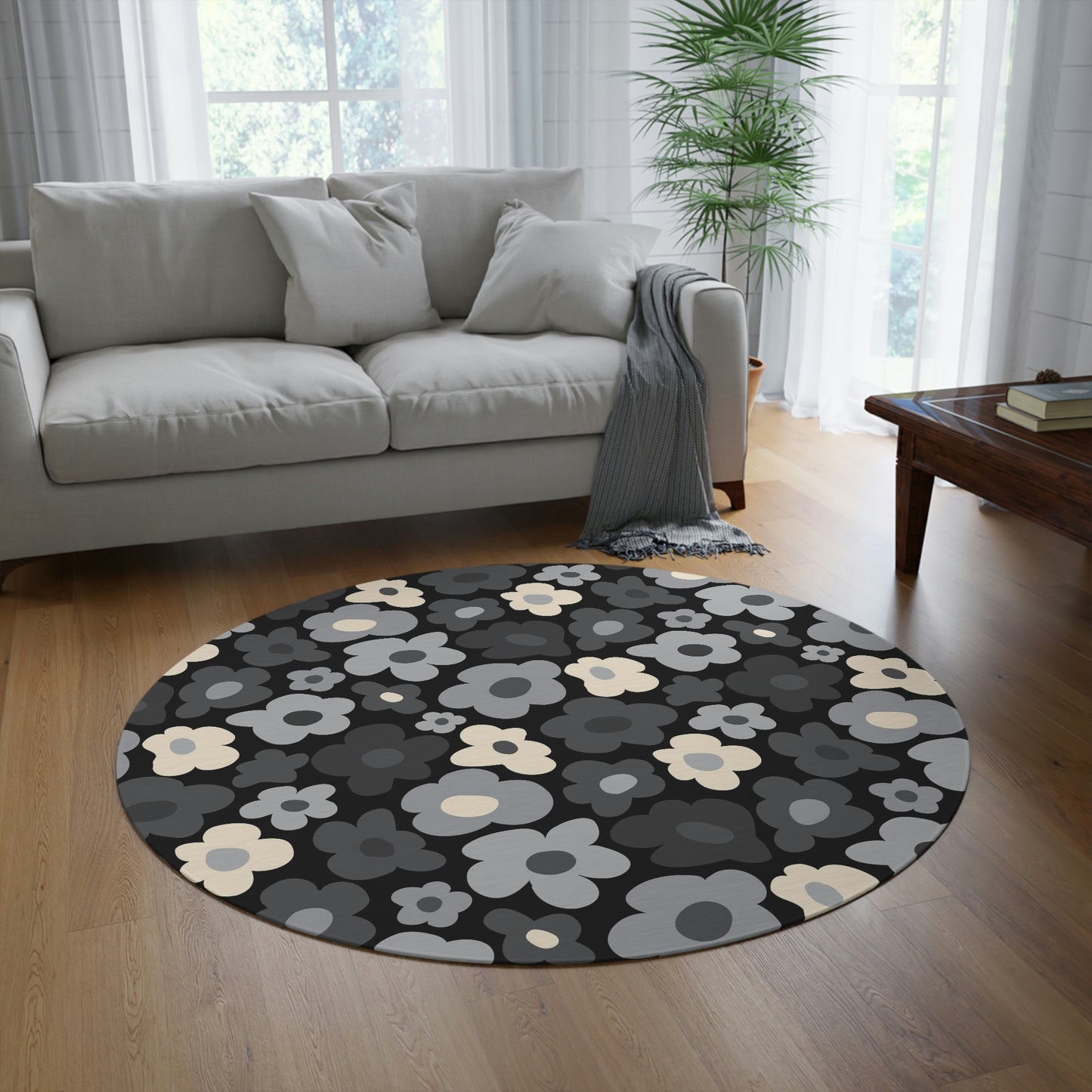 Round Rug Flowers grey