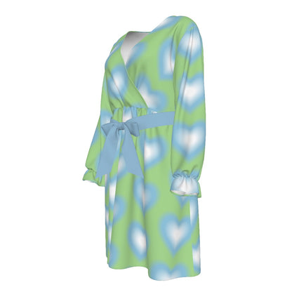 Blurred Blue Heart Women's V-neck Dress With Waistband(Plus Size)