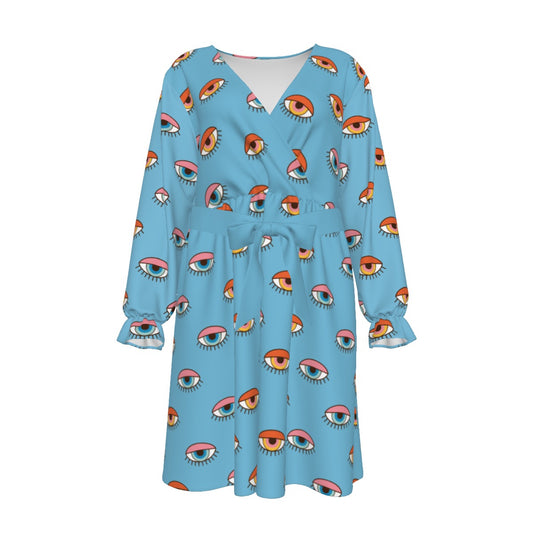 Blue Eyes Women's V-neck Dress With Waistband(Plus Size)