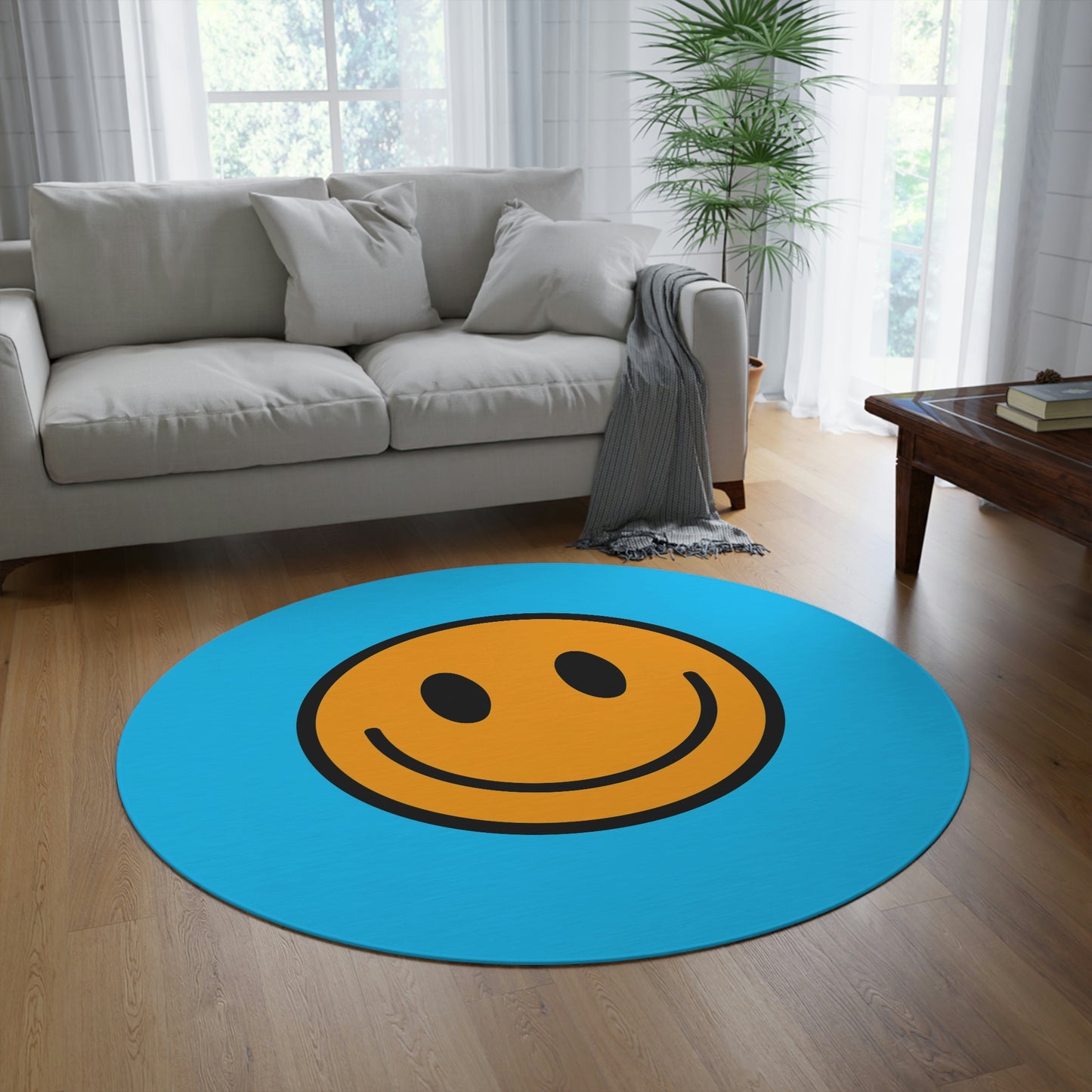 Round Rug Happy Face pattern ocher/blue